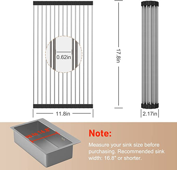 EMBATHER Roll Up Dish Drying Rack Over The Sink, 17.8'' x 11.8'' Dish Drying Rack for Kitchen Counter, Multipurpose Stainless Steel Foldable Kitchen Drainer Rack with Anti-Slip Silicone, Black