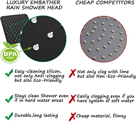 EMBATHER 12 Inches Black Rain Shower Head, Stainless Steel High Pressure Square ShowerHead, Ultra Thin Waterfall Full Body Coverage with Easy-Clean Nozzle