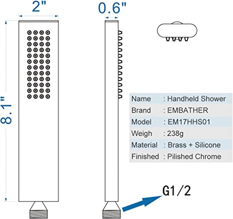 EMBATHER Brass Handheld High Pressure Single Function Luxury Shower Wand, Polished Chrome