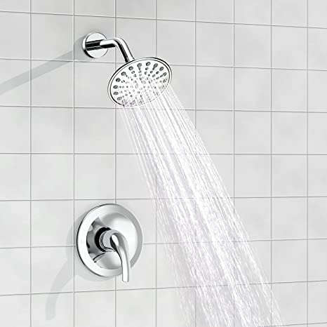 EMBATHER Shower Faucet with Valve, Shower Faucets Sets Complete with 6 Spray Touch-Clean Shower Head, Single Function Shower Trim Kit, Polished Chrome