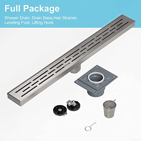 EMBATHER 28 Inches Linear Shower Drain with Shower Drain Base, CUPC Certified, 304 Stainless Steel Bathroom Floor Drain Included Removable Square Cover, Hair Strainer and Leveling Feet, Brushed Nickel