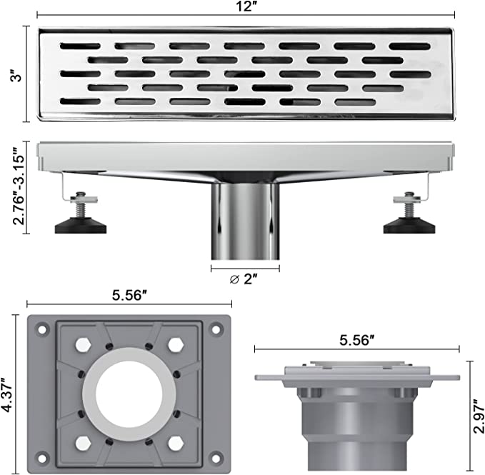 EMBATHER 12 Inches Shower Drain with Rectangular Linear,Chrome 304 Stainless Steel Bathroom Floor Drain with Base, Adjustable Leveling Feet and Hair Strainer