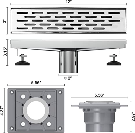 EMBATHER 12 Inches Linear Shower Drain with Removable Quadrato Pattern Grate, CUPC Certified, 304 Stainless Shower Drain and Shower Drain Base Included Hair Strainer and Leveling Feet, Brushed Nickel