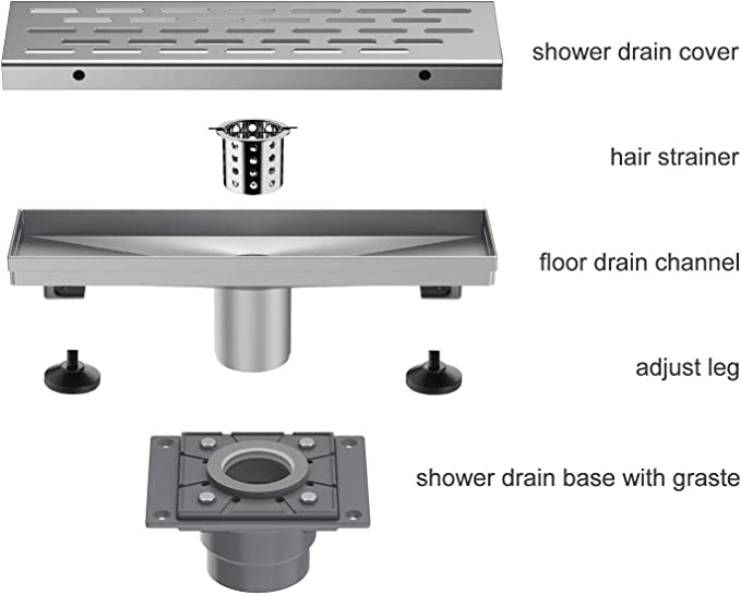 EMBATHER 12 Inches Shower Drain with Rectangular Linear,Chrome 304 Stainless Steel Bathroom Floor Drain with Base, Adjustable Leveling Feet and Hair Strainer