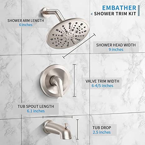 EMBATHER Shower Faucet Set with Tub Spout,Dual Function Shower Trim Kit(Rough-in Valve Included) with 9 Inch Shower Head,Rain Mixer Shower System Wall Mounted Rainfall Shower Combo Set, Brushed Nickel