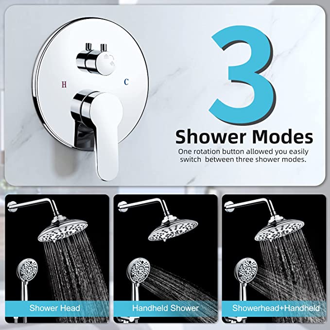 Shower Faucet Set- Shower Faucets Sets Complete with 3 Setting Shower Head, Wall Mounted Shower System with 3 Way Pressure Balance Valve and Trim Kit, Polished Chrome