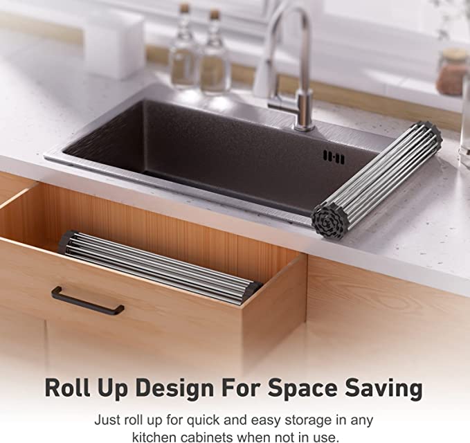 EMBATHER 20.8'' x 18.1'' Roll Up Dish Drying Rack Over The Sink, Dish Drying Rack for Kitchen Counter, Multipurpose Stainless Steel Foldable Kitchen Drainer Rack with Anti-Slip Silicone, Black