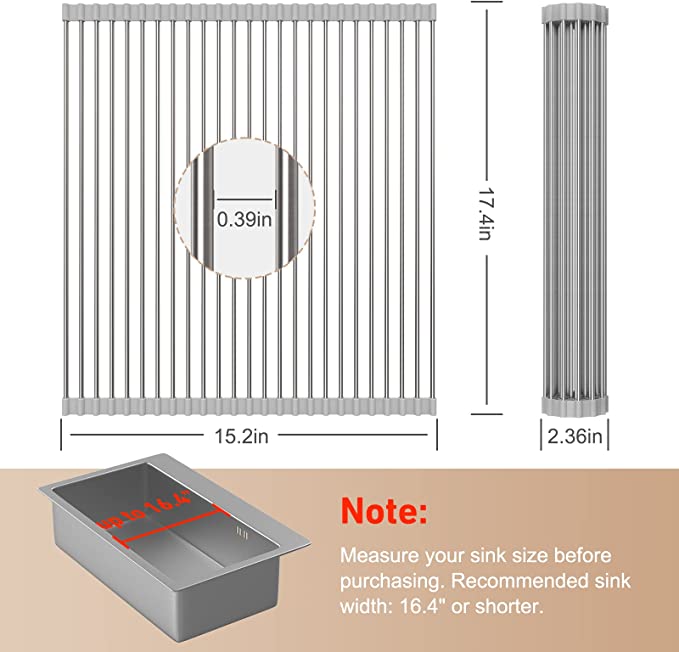 EMBATHER Roll Up Dish Drying Rack Over The Sink, 17.4'' x 15.2'' Dish Drying Rack for Kitchen Counter, Multipurpose Stainless Steel Foldable Kitchen Drainer Rack with Anti-Slip Silicone, Gray