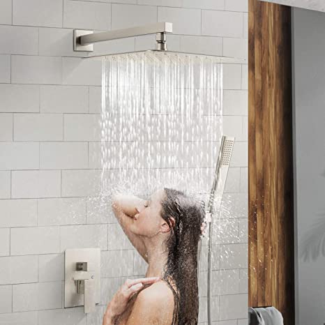 EMBATHER Shower System-Brushed Nickel Shower Faucet Set for Bathroom- State-of-the-art Air Injection Technology- Upgrade 12" Square Rain Shower Head with Anti-rust Coating