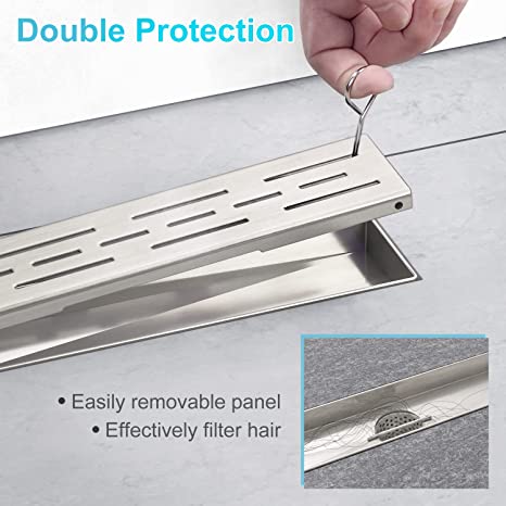 EMBATHER 28 Inches Linear Shower Drain with Shower Drain Base, CUPC Certified, 304 Stainless Steel Bathroom Floor Drain Included Removable Square Cover, Hair Strainer and Leveling Feet, Brushed Nickel