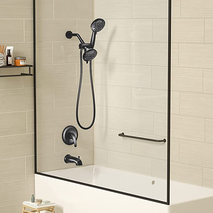 EMBATHER Shower Faucet Set with Tub Spout, Dual Shower Head with Handheld Combo, 3-Way Diverter and Shower Trim Kit, Matte Black(Include Valve)