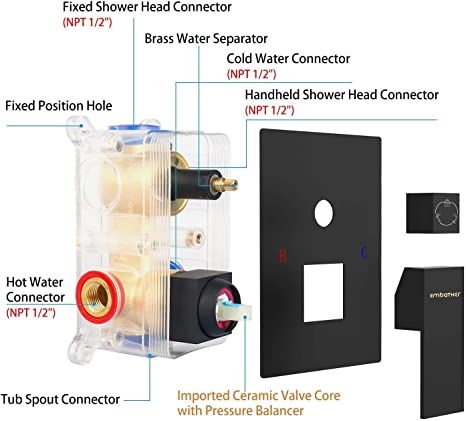 EMBATHER Black Shower System with Waterfall Tub Spout-10/12 Inches Rain Shower Tub Faucet Set with Square Showerhead and Handhled-Eco-Friendly (Valve included)