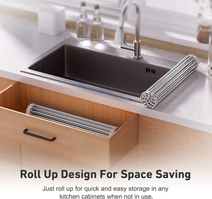 EMBATHER 20.8'' x 13.4'' Roll Up Dish Drying Rack Over The Sink, Dish Drying Rack for Kitchen Counter, Multipurpose Stainless Steel Foldable Kitchen Drainer Rack with Anti-Slip Silicone, Gray