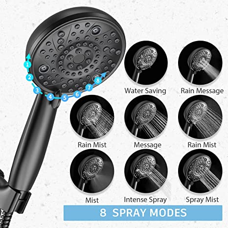 EMBATHER High Pressure Shower Head, 8 Function Shower Head with Shower Spray, 4.7 Inch Handheld Showerhead with 71 Inch Stainless Steel Hose and Adjustable Bracket for Bathroom，Black