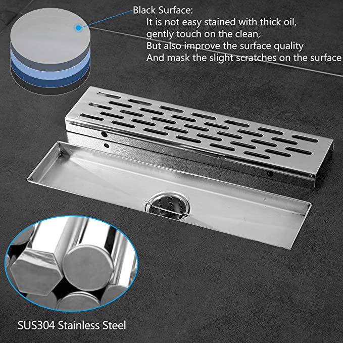 EMBATHER 12 Inches Shower Drain with Rectangular Linear,Chrome 304 Stainless Steel Bathroom Floor Drain with Base, Adjustable Leveling Feet and Hair Strainer