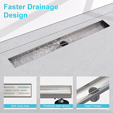 EMBATHER 28 Inches Linear Shower Drain with Shower Drain Base, CUPC Certified, 304 Stainless Steel Bathroom Floor Drain Included Removable Square Cover, Hair Strainer and Leveling Feet, Brushed Nickel