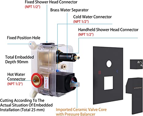 EMBATHER Black Shower System- 12 Inches Ceiling Shower Faucet Set with Square Rain Shower Head and Handheld-Shower Combo Set for Bathroom-Easy Installation- Eco-Friendly（Valve included）