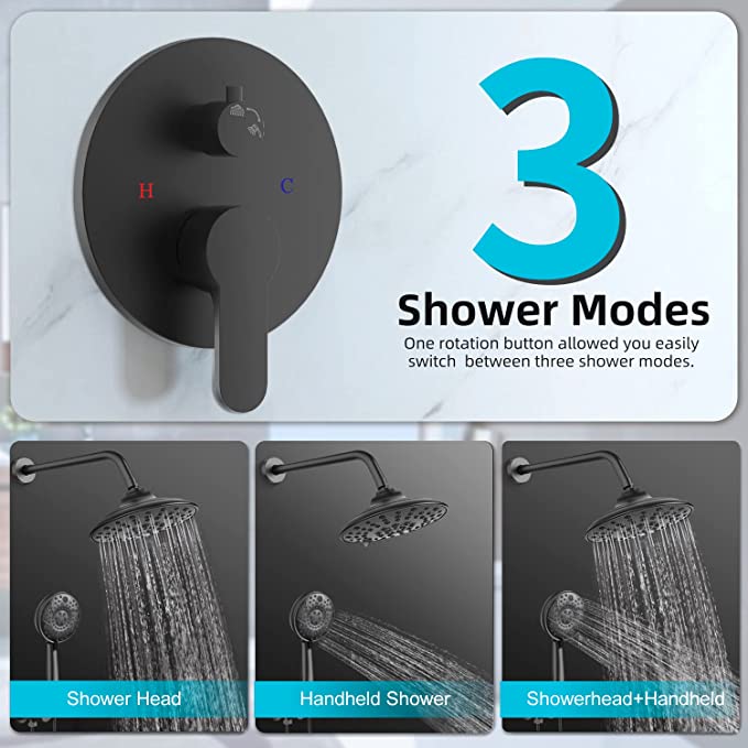 EMBATHER Shower System-Shower Faucets Sets Complete with 3 Way Pressure Balance Valve and Trim Kit, Black