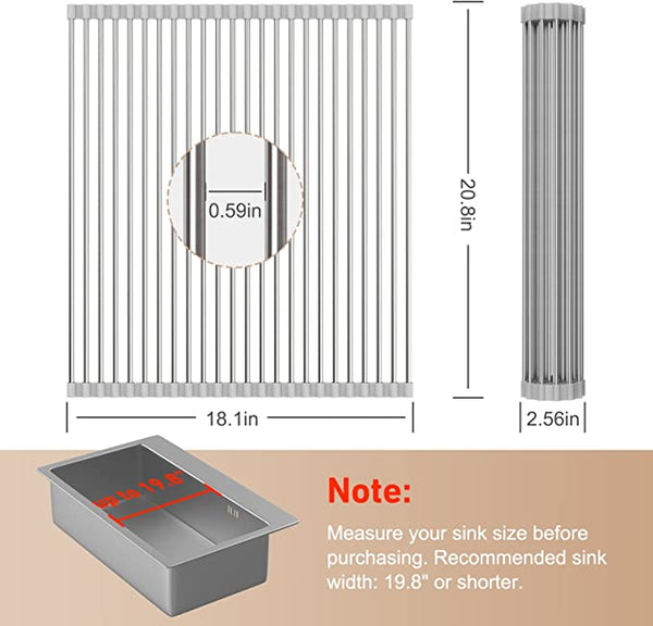 EMBATHER 20.8'' x 18.1'' Roll Up Dish Drying Rack Over The Sink, Dish Drying Rack for Kitchen Counter, Multipurpose Stainless Steel Foldable Kitchen Drainer Rack with Anti-Slip Silicone, Gray