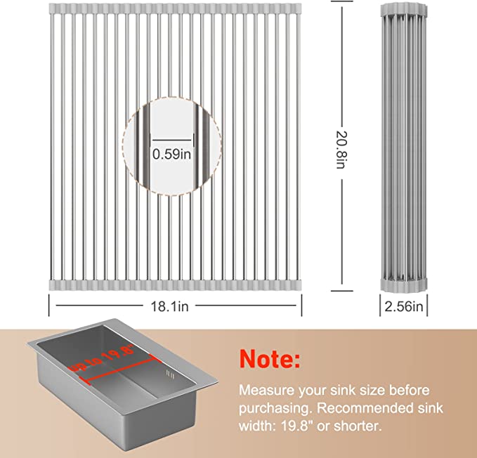 EMBATHER 20.8'' x 18.1'' Roll Up Dish Drying Rack Over The Sink, Dish Drying Rack for Kitchen Counter, Multipurpose Stainless Steel Foldable Kitchen Drainer Rack with Anti-Slip Silicone, Gray