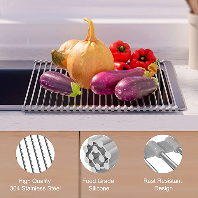 Roll Up Dish Drying Rack Over Sink for Kitchen, Stainless Steel  Multipurpose Foldable Dishes and Veggies Drainer Racks, Heat Resistant and  Easy to