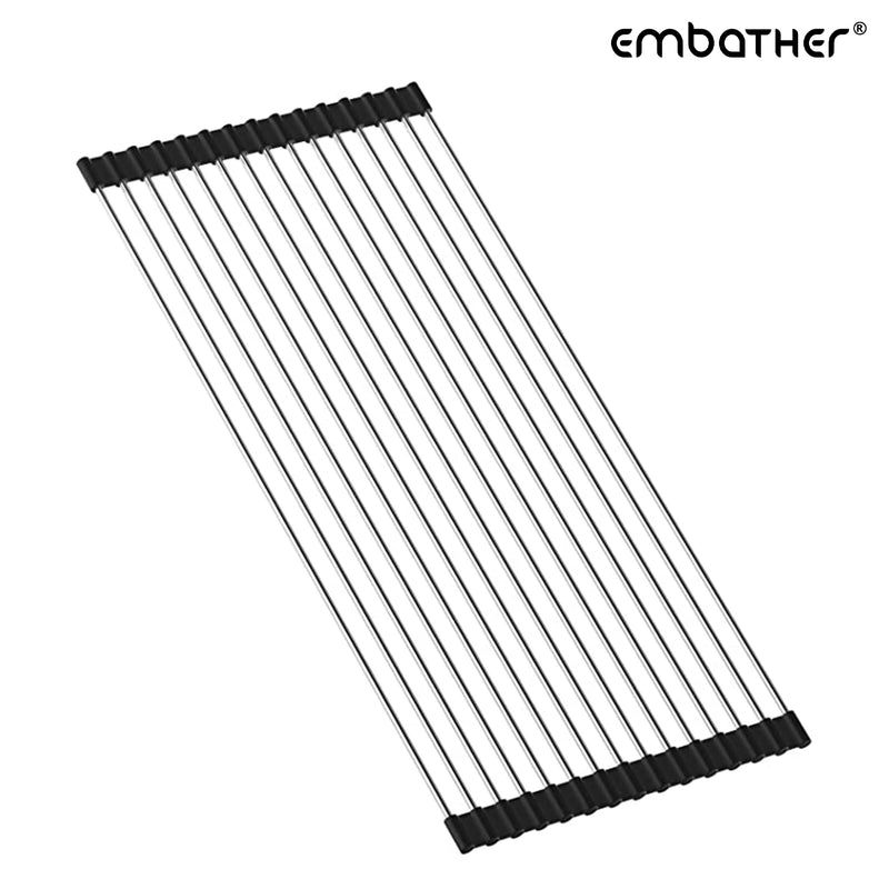 EMBATHER Roll Up Dish Drying Rack Over The Sink, 17.8'' x 11.8'' Dish Drying Rack for Kitchen Counter, Multipurpose Stainless Steel Foldable Kitchen Drainer Rack with Anti-Slip Silicone, Black