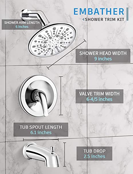 EMBATHER Shower Faucet Set with Tub Spout, Dual Function Shower Trim Kit (Rough-in Valve Included) with 9 Inch Shower Head, Rain Shower System Wall Mounted Rainfall Shower Combo Set, Polished Chrome