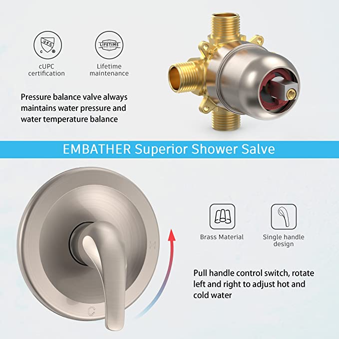 EMBATHER Shower Faucet System with Tub Spout(Valve Included), 64 Settings Dual 2 In 1 Shower Head Set with Handheld Showerhead, 3-Way Diverter and Shower Trim Kit, Brushed Nickel