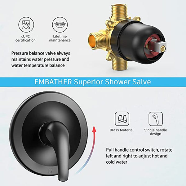 EMBATHER Shower Faucet Set with Tub Spout, Dual Shower Head with Handheld Combo, 3-Way Diverter and Shower Trim Kit, Matte Black(Include Valve)