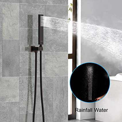 EMBATHER Shower System with Waterfall Tub Spout-12 Inches Oil Rubbed Bronze Rain Shower Tub Faucet Set with Square Showerhead and Handhled-Eco-Friendly（Valve included）