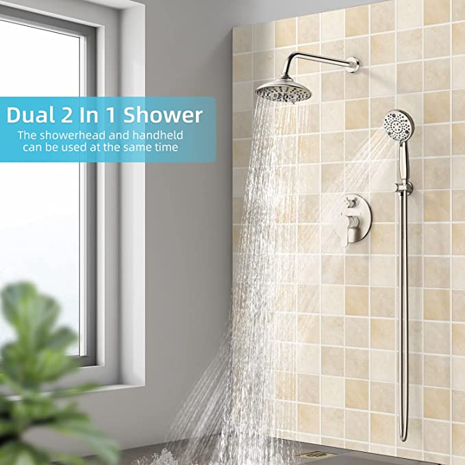 EMBATHER Shower System-Shower Faucets Sets Complete with 3 Way Pressure Balance Valve and Trim Kit, Brushed Nickel Shower System Set with 3 Setting Shower head and 8 Sprays Handheld Showerhead