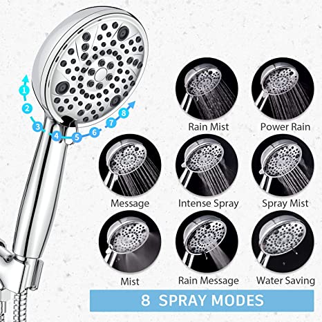 EMBATHER High Pressure Shower Head, 8 Function Shower Head with Shower Spray, 4.7 Inch Handheld Showerhead with 71 Inch Stainless Steel Hose and Adjustable Bracket for Bathroom, Polished Chrome