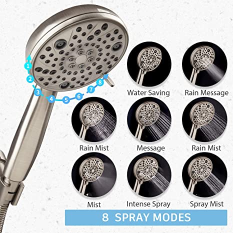 EMBATHER High Pressure Shower Head, 8 Function Shower Head with Shower Spray, 4.7 Inch Handheld Showerhead with 71 Inch Stainless Steel Hose and Adjustable Bracket for Bathroom, Brushed Nickel