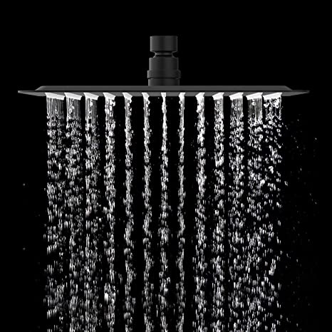 EMBATHER 12 Inches Black Rain Shower Head, Stainless Steel High Pressure Square ShowerHead, Ultra Thin Waterfall Full Body Coverage with Easy-Clean Nozzle