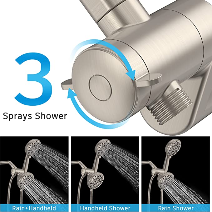 EMBATHER Shower Faucet System with Tub Spout(Valve Included), 64 Settings Dual 2 In 1 Shower Head Set with Handheld Showerhead, 3-Way Diverter and Shower Trim Kit, Brushed Nickel