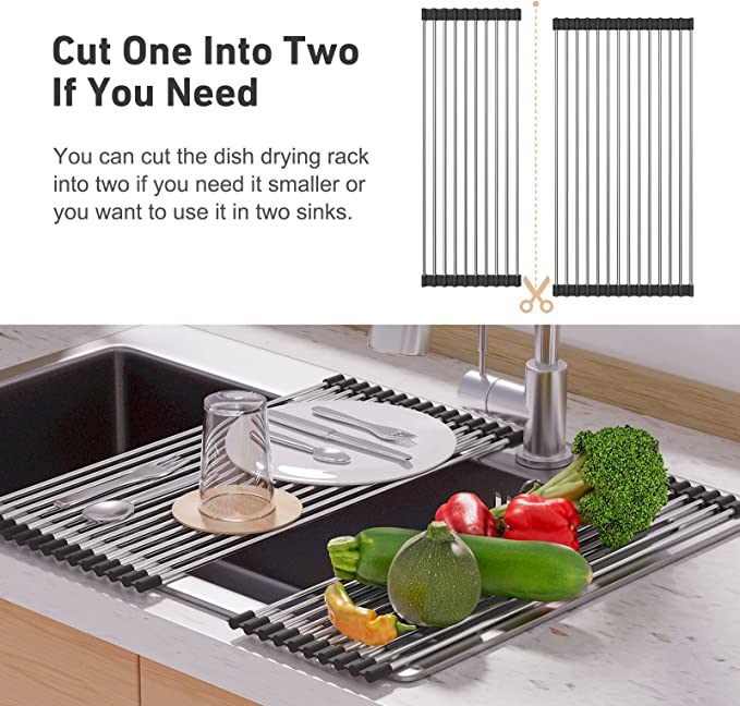 EMBATHER 20.8'' x 18.1'' Roll Up Dish Drying Rack Over The Sink, Dish Drying Rack for Kitchen Counter, Multipurpose Stainless Steel Foldable Kitchen Drainer Rack with Anti-Slip Silicone, Black