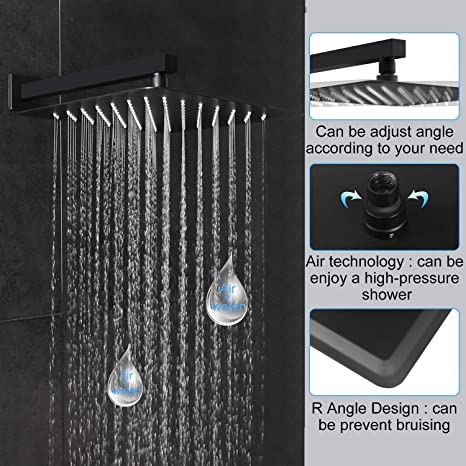 EMBATHER Black Shower System with Waterfall Tub Spout-10/12 Inches Rain Shower Tub Faucet Set with Square Showerhead and Handhled-Eco-Friendly (Valve included)