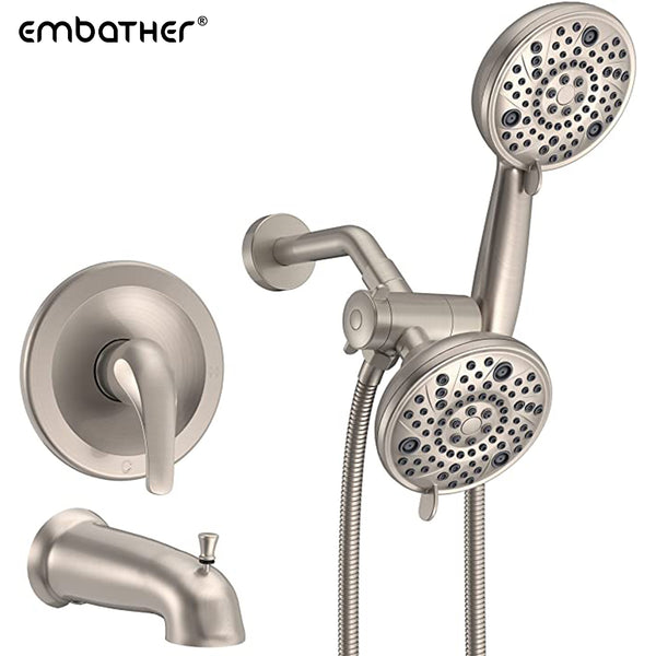 EMBATHER Shower Faucet System with Tub Spout(Valve Included), 64 Settings Dual 2 In 1 Shower Head Set with Handheld Showerhead, 3-Way Diverter and Shower Trim Kit, Brushed Nickel