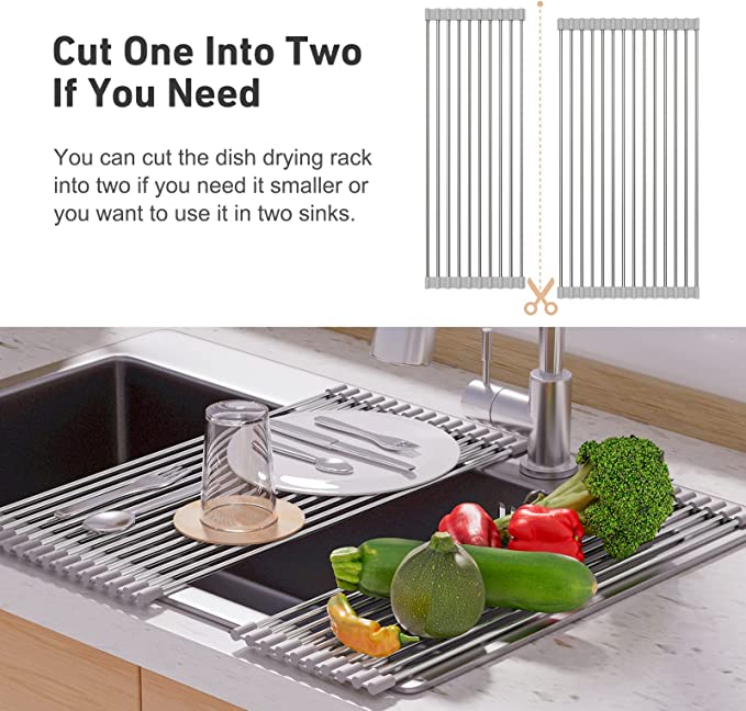 EMBATHER Roll Up Dish Drying Rack Over The Sink, 17.4'' x 15.2'' Dish Drying Rack for Kitchen Counter, Multipurpose Stainless Steel Foldable Kitchen Drainer Rack with Anti-Slip Silicone, Gray