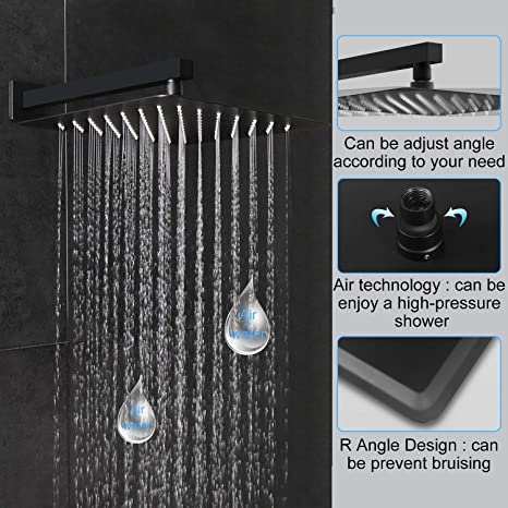 EMBATHER Shower System -Black Shower Faucet Sets with 10"/12 inches Rain Shower Head For Bathroom, Wall Mount Square Shower Combo Set for Bathroom (Contain Shower Valve and Trim)