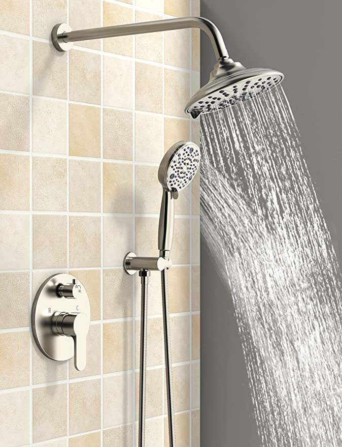 EMBATHER Shower System-Shower Faucets Sets Complete with 3 Way Pressure Balance Valve and Trim Kit, Brushed Nickel Shower System Set with 3 Setting Shower head and 8 Sprays Handheld Showerhead