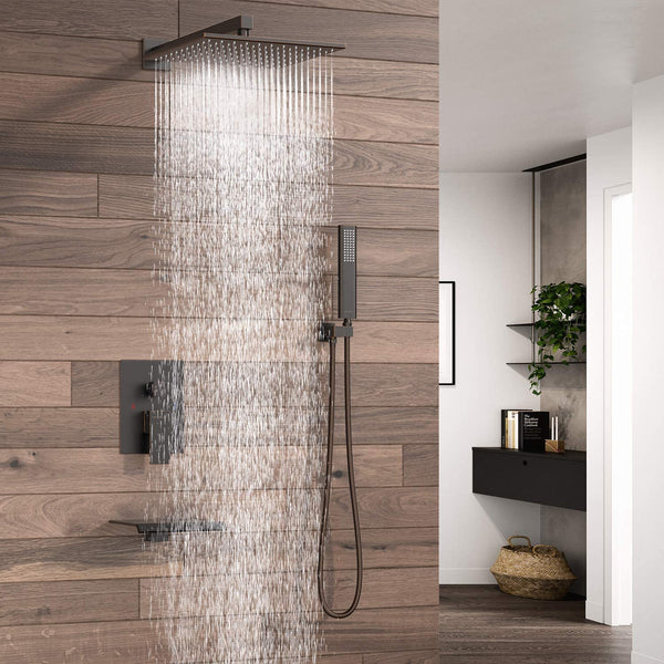 EMBATHER Shower System with Waterfall Tub Spout-12 Inches Oil Rubbed Bronze Rain Shower Tub Faucet Set with Square Showerhead and Handhled-Eco-Friendly（Valve included）