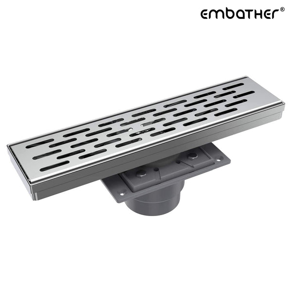 EMBATHER 12 Inches Shower Drain with Rectangular Linear,Chrome 304 Stainless Steel Bathroom Floor Drain with Base, Adjustable Leveling Feet and Hair Strainer