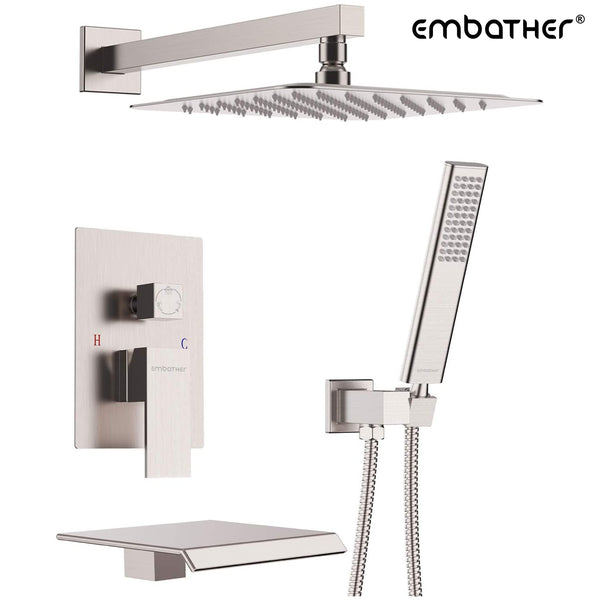 EMBATHER Shower System with Waterfall Tub Spout 10 / 12 inch Shower Tub Faucet Set with Rain Showerhead and Handhled, Brushed Nickle (Contain Rough-in Valve Body and Trim)