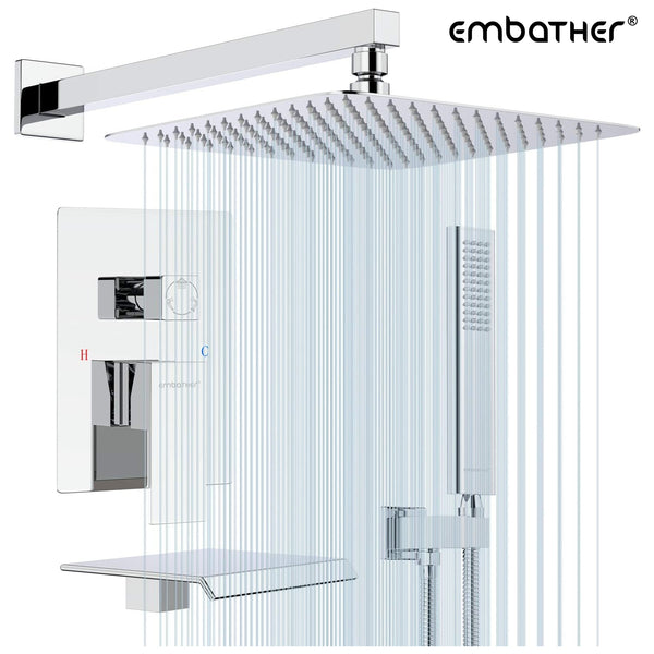 EMBATHER Shower System with Waterfall Tub Spout-12 Inches Chrome Rain Shower Tub Faucet Set with Square Showerhead and Handhled-Eco-Friendly (Valve included)