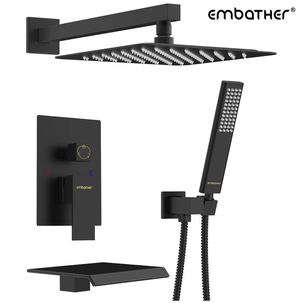 EMBATHER Black Shower System with Waterfall Tub Spout-10/12 Inches Rain Shower Tub Faucet Set with Square Showerhead and Handhled-Eco-Friendly (Valve included)