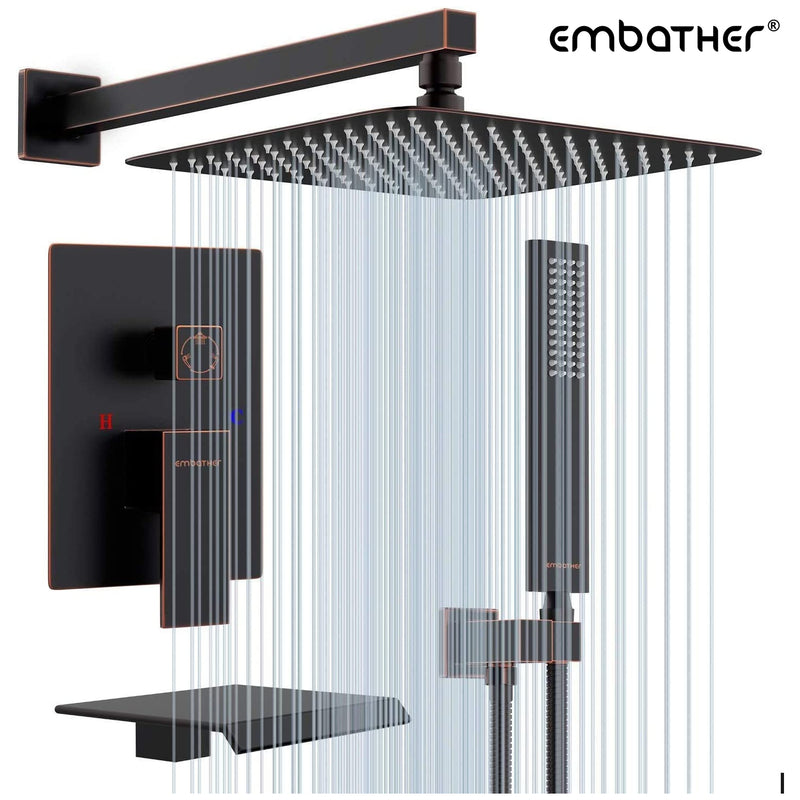 EMBATHER Shower System with Waterfall Tub Spout-12 Inches Oil Rubbed Bronze Rain Shower Tub Faucet Set with Square Showerhead and Handhled-Eco-Friendly（Valve included）