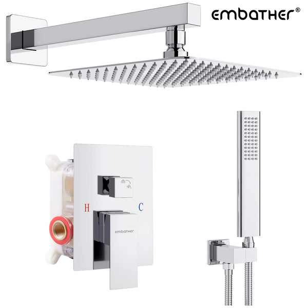 EMBATHER California Certified- 10 / 12 Inches Polished Chrome Shower System with Pressure Balabce Valve and Trim