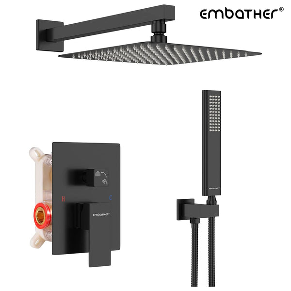 EMBATHER Shower System -Black Shower Faucet Sets with 10"/12 inches Rain Shower Head For Bathroom, Wall Mount Square Shower Combo Set for Bathroom (Contain Shower Valve and Trim)