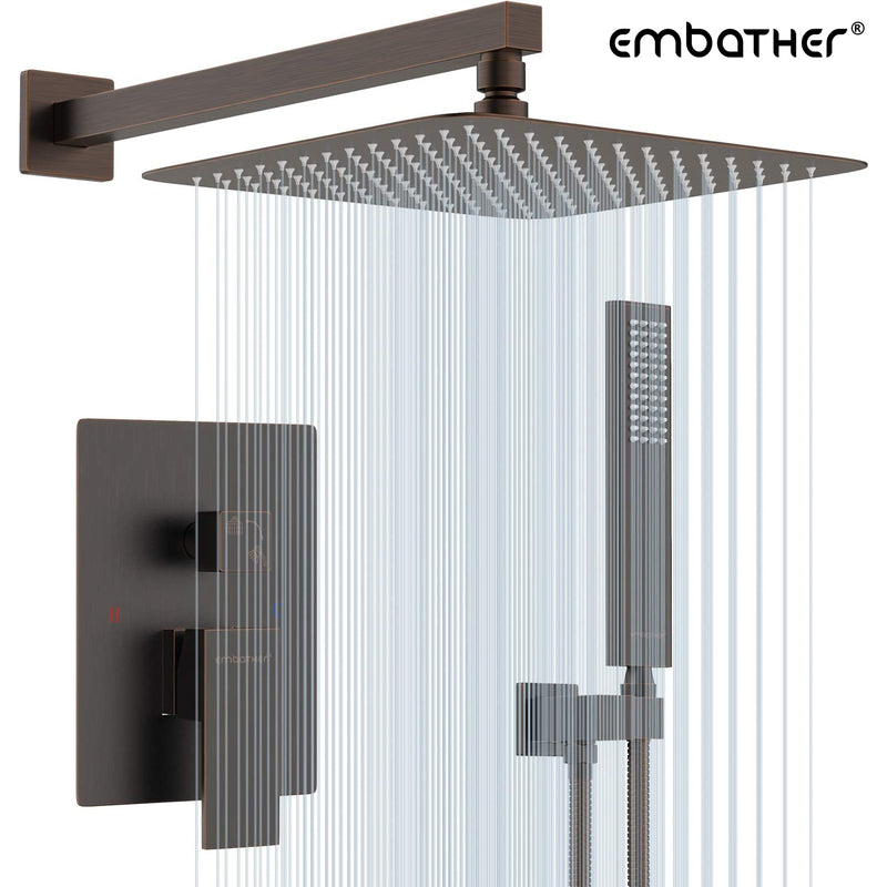 EMABATHER Oil Rubbed Bronze Shower System- 12Inches Shower Faucet Set with Square Rain Shower Head and Handheld-Shower Combo Set for Bathroom-Easy Installation- Eco-Friendly Valve included